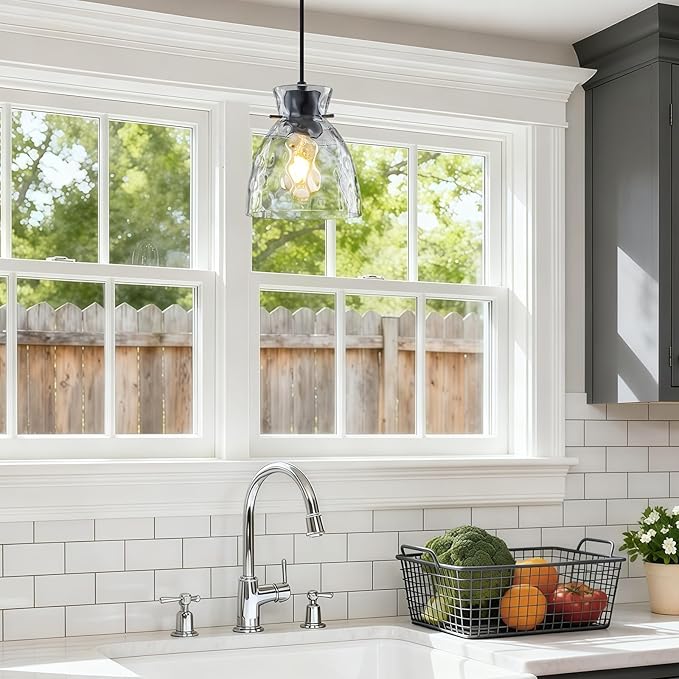 Hammered Glass Black Pendant Lights Kitchen Island Lighting, Small Hand-blown Glass Black Farmhouse Pendant Light Fixtures, Modern Hanging Lights Kitchen Pendant Lighting over Island Sink Bathroom E26