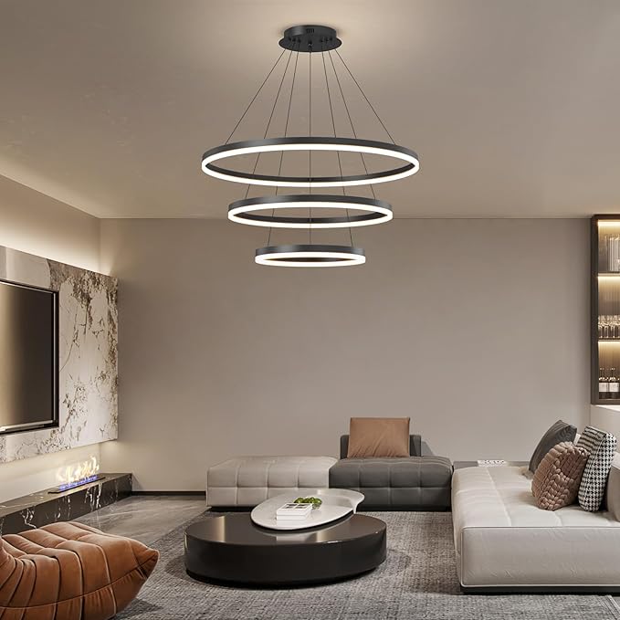 Black LED Modern Chandelier, 3 Ring Circular Dimmable Pendant Light for Kitchen Island, Living Room, Adjustable 3000K-6500K Ceiling Lamp, Above Dining Room Table Hanging Lights for Entryway Foyer