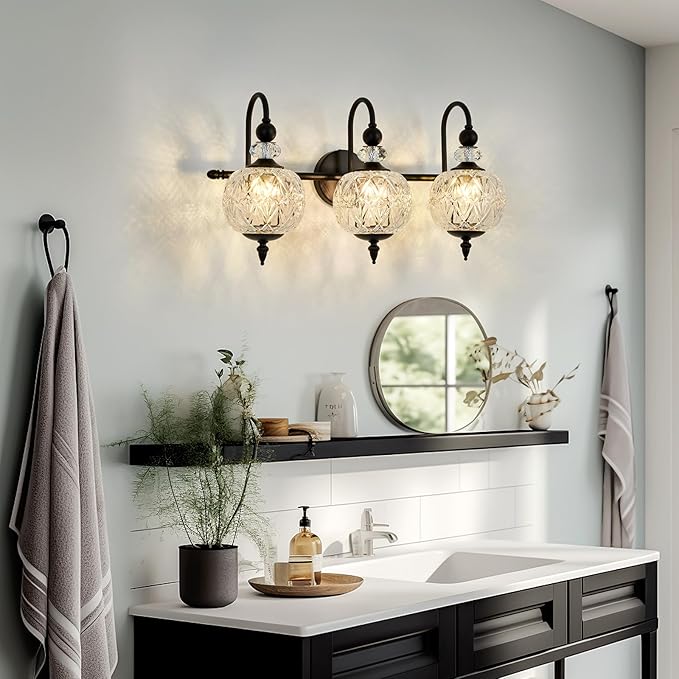 Piepooye Vintage Bathroom Light Fixtures Black Vanity Light with Glass Globe LampShade 3 Lights Mid Century G9 Bulb Wall Sconce Indoor Vanity Light Over Mirror for Kitchen Bedroom Farmhouse