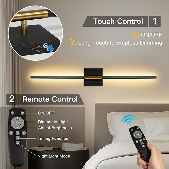 TaoFiaCo Battery Operated Wall Sconces Set of Two, Battery Wall Sconce with Remote Control, Black Gold Modern LED Rechargeable Wireless Sconces, Wall Lights for Bedroom, Living Room, 2Pack, 31.5Inch