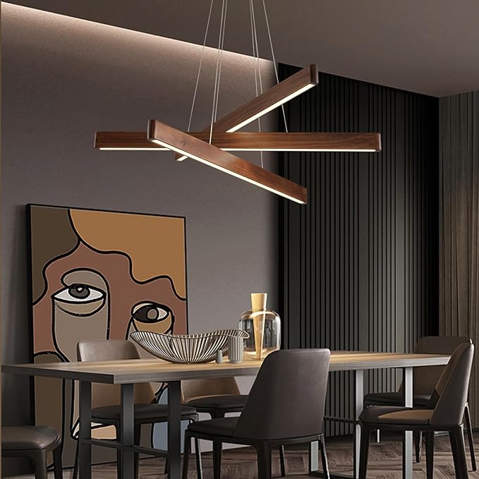 YISDESIGN 3-Light Linear Pendant,Dining Room Light Fixture,Modern Led Chandeliers for Living Room,Dimmable Wood Ceiling Pendant Light,45W for Living Room,Dining Room,Kitchen Island,Walnut Color