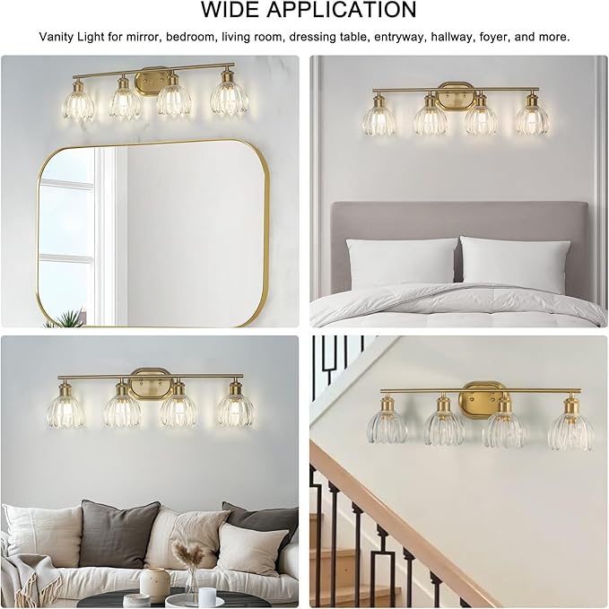 4-Light Bathroom Light Fixtures, Brushed Gold Vanity Lights for Bathroom with Ribbed Clear Tulip Glass Shade, Vintage Wall Scone Lighting Fixture Over Mirror for Bedroom Living Room Hallway