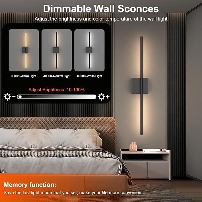 Tartek Battery Operated Wall Sconces Set of Two, Rechargeable Wall Lights with Remote Control, Dimmable 3000K-6000K LED Wall Lamp, 360°Rotate, Long Wireless Sconces for Living Room, Bedroom