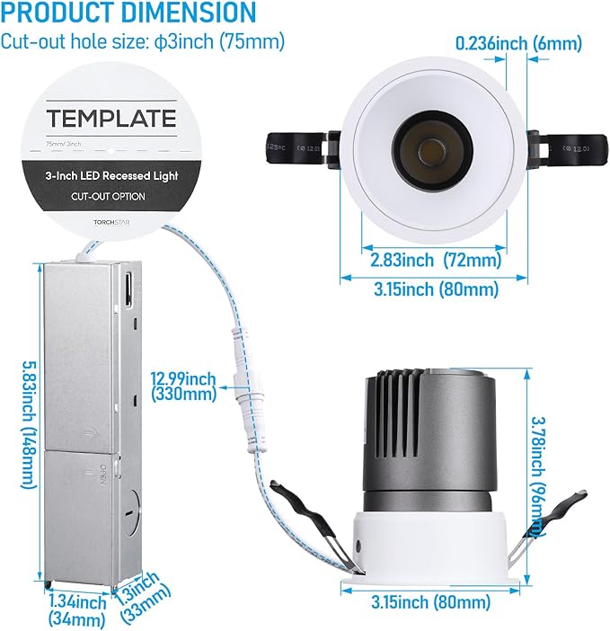 TORCHSTAR 3 Inch 5CCT Anti Glare LED Recessed Lights with J-Box, Deep Recessed Zero Glare Canless Downlight, Ultra-Slim Trim Gimbal Ceiling Light, 2700-5000K, Ultra Narrow Frame, ETL FCC, Pack of 6