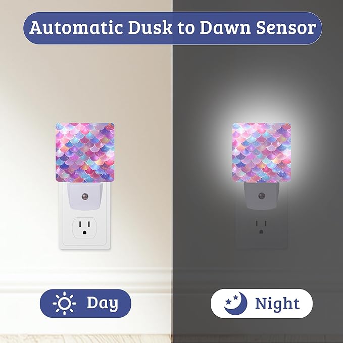 Mermaid Scale Night Light Plug-into Wall Nightlight with Dusk to Dawn Sensor, Energy Efficient Lamp for Bedroom/Bathroom/Kitchen/Hallway/Stairs