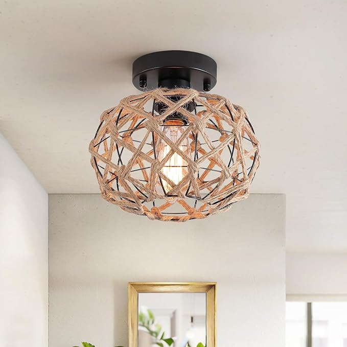 Coastal Woven Flush Mount Ceiling Light Fixture Small Boho Rustic Hemp Rope Cage Semi Flush Mount Ceiling Light for Kitchen Hallway Farmhouse Entryway Beach, Black