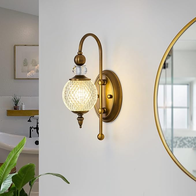 Vintage Gold Wall Sconce with Acrylic Globe Shade Brushed Brass G9 Bulb Vanity Light Indoor Wall Light for Bathroom Bedroom Hallway Living Room