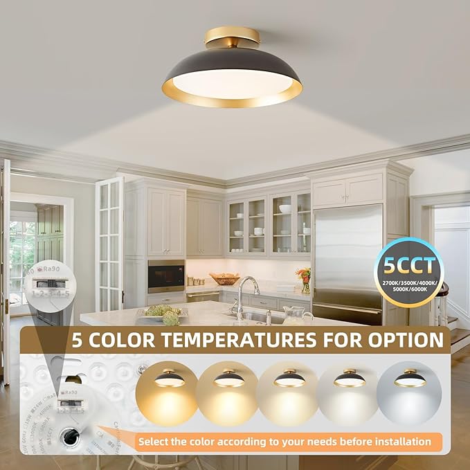 OKELI LED Flush Mount Ceiling Light Fixture, 24W Dimmable 5CCT Modern Black Gold Ceiling Light, 11.8 Inch Close to Ceiling Lighting for Bedroom Kitchen Living Room Hallway