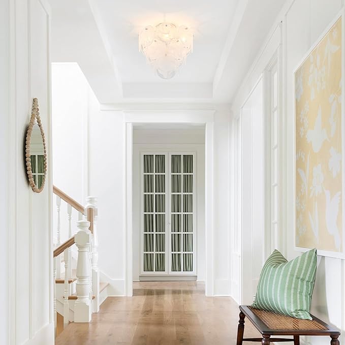 Modern Glass Flush Mount Light Fixture, Hallway Ceiling Light Unique Chandelier, 4-Light Flush Mount Chandelier for Bedroom Entryway, White Finish