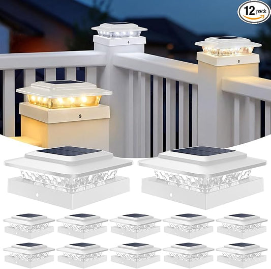 kolpop 4x4 Solar Post Cap Lights Outdoor 12Pack- 3 Color Temperatures&2 Level Brightness, IP65 Waterproof, 16 LED Fence Deck Post Light Solar Powered Only for 4×4/3.5×3.5 Wood/Vinyl Posts(White)