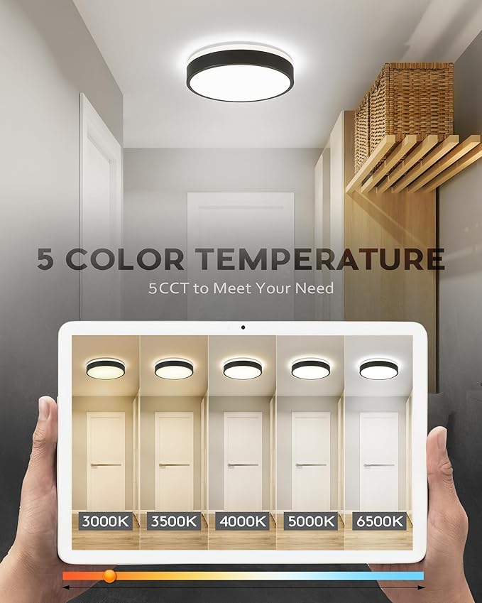 Ken & Ricky Flush Mount Ceiling Light, Dimmable Led Close to Ceiling Light Fixtures for Kitchen Bathroom Bedroom Hallway 5cct (Black, 12 Inch)