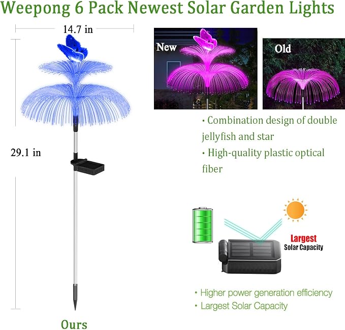 Weepong Solar Garden Lights Waterproof 6 Pack Solar Lights Outdoor Decorative 7 Color Changing Double Jellyfish and Butterfly Flower Yard Garden Decor Lawn Christmas Outside, Gifts for Mother's Women