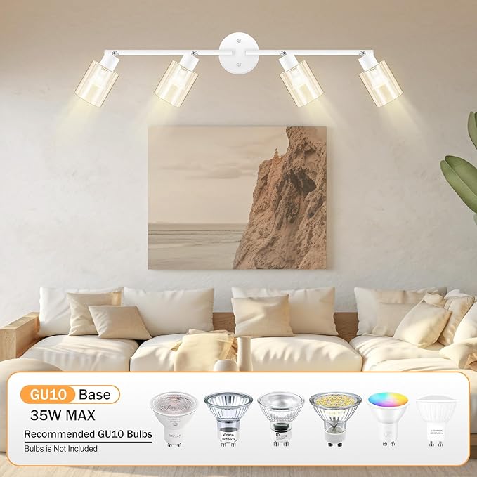 BoostArea 4-Light Bathroom Light Fixtures, White Modern Vanity Wall Lights with Clear Glass Shade, Flexibly Ceiling Light for Mirror Kitchen Living Room Hallway Cabinet Porch