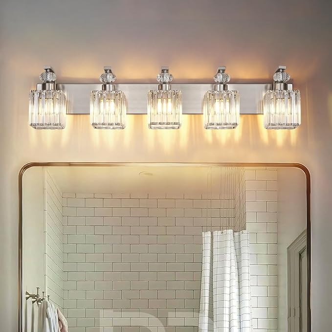 Modern Bathroom Vanity Light, 5-Light Nickel Bathroom Lighting Fixtures Over Mirror, 36.3" Crystal Wall Light Sconce for Bathroom/Bedroom/Vanity, Includes LED Bulbs, Easy Installation