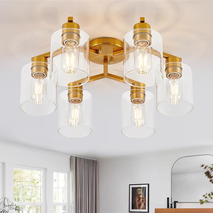 Gold Kitchen Lighting Fixtures Ceiling Dining Room Light Fixtures Brass Kitchen Ceiling Light Fixture Large Chandelier for Living Room Semi Flush Mount with Clear Glass Shade