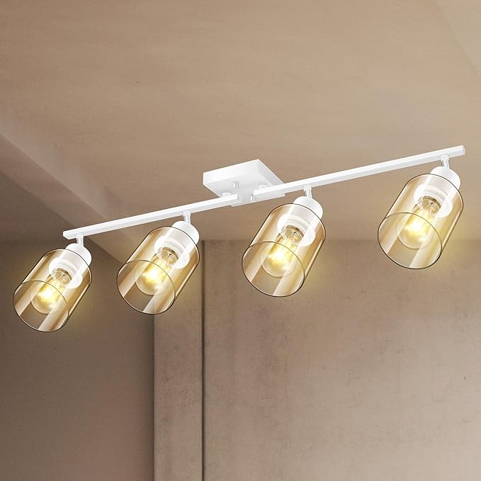 Track Lighting Fixtures Ceiling, 30" LED Track Lighting Kit Kitchen, 4-Light Ceiling Lights with Clear Glass Shade, White Modern Spotlight Light with Rotatable Head for Bathroom Vanity(E26, NO Bulb)