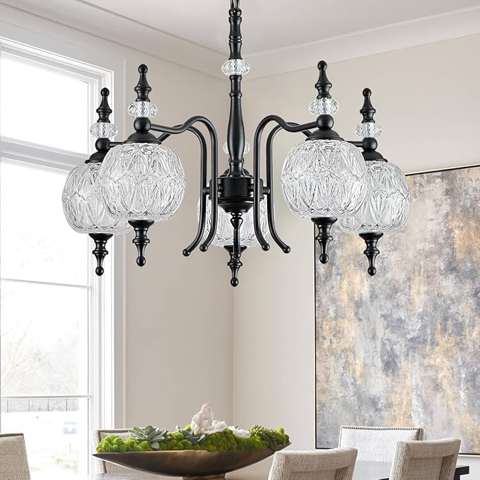 Chandeliers Modern 5-Light Chandelier Black Kitchen Island Pendant Light Fixtures Finish with Crystal Glass Shade for Kitchen Island Living Room