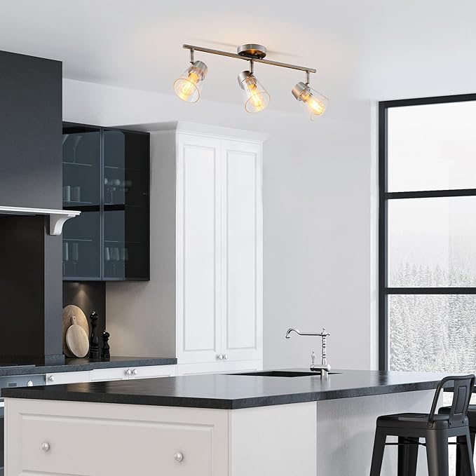 GLOBE Electric 64000045 24" 3-Light Track Lighting, Pewter, Clear Glass Shades, Ceiling Light, Pivot Shade, 3 Bulb, Kitchen Lights, E26 Socket