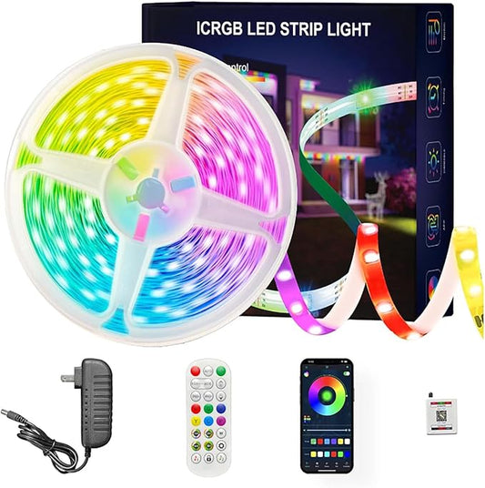 Led Lights for Bedroom 32.8FT Smart IC+RGB, Music Sync Color Changing Strip Lights, 24Key Remote+App Control Light Strip for BedHead,Underbed,Ceiling,Background Wall