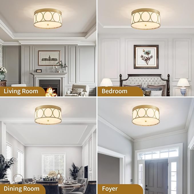 Modern Fabric Drum Ceiling Light, Flushmount Close to Ceiling Light Fixture for Living Room, Bedroom, Dining Room, Kitchen. D12 x 5in, Gold Finished Metal Frame, White Fabric Lampshade