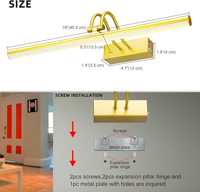 Picture Light, Cordless Picture Lights for Wall with Timer and Dimmable, 16 Inch Metal Battery Operated Wall Lights with 5000mAh Battery for Display Gallery Painting Art Frame Portrait - Gold