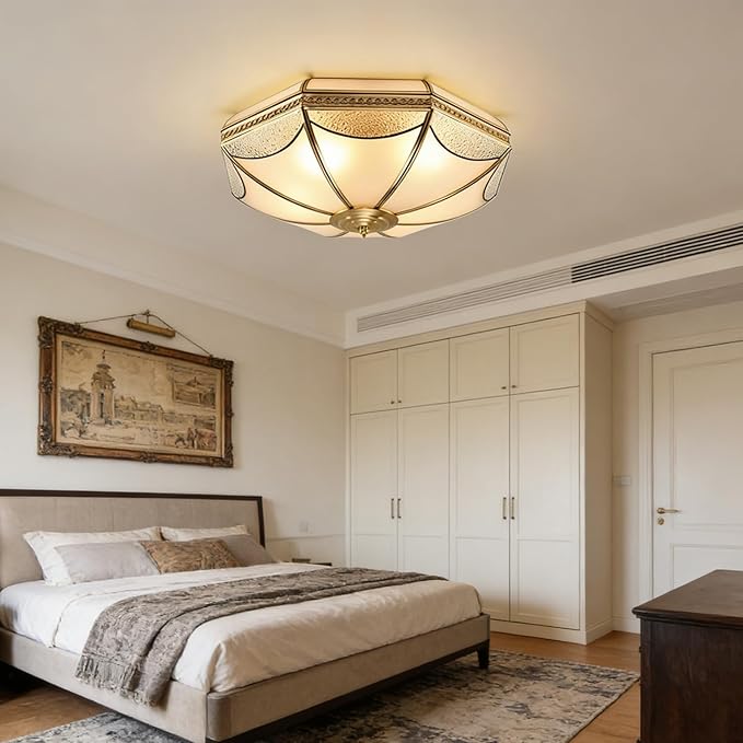 MIXL-Mid Century Modern Brushed Gold Ceiling Light Fixtures,6-Lights Brass Ceiling Lighting with Glass Shade,3-Colors Dimmable Dining Light Fixture, Art Deco Ceiling Lights for Bedroom Study Room