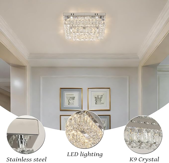 Finktonglan Modern 2-Tier Crystal Flush Mount Ceiling Light, 11.8" Rectangular Dimmable LED Ceiling Fixture with Multi-Faceted Crystal Prisms, 24W Low Profile for Kitchen Dining Hallway