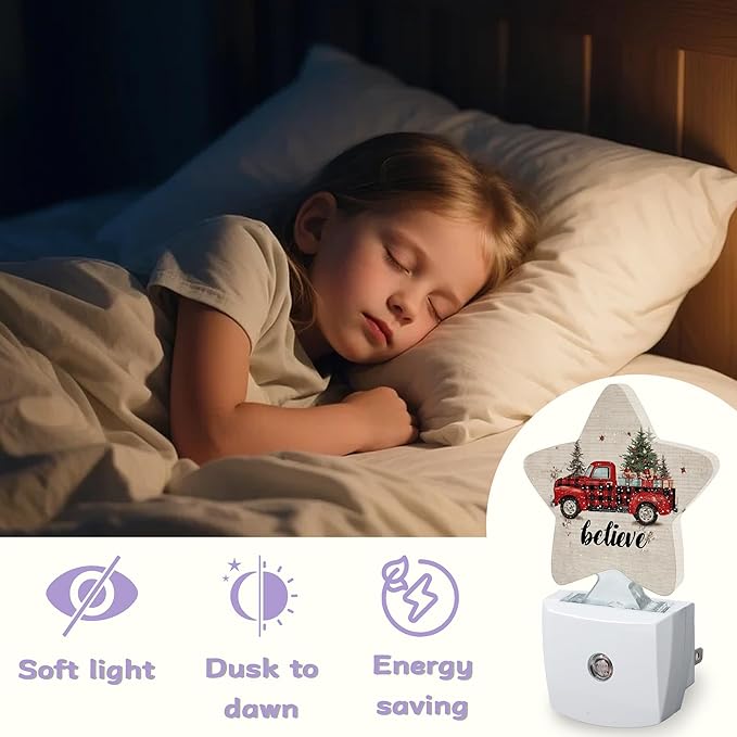 Vintage Red Truck Nightlights Plug in Wall,Christmas Tree Gifts Decorative Star Lamp with Automatic Lighting for Living Space,Gentle Glow for Kids Room,Hallway,Bathroom