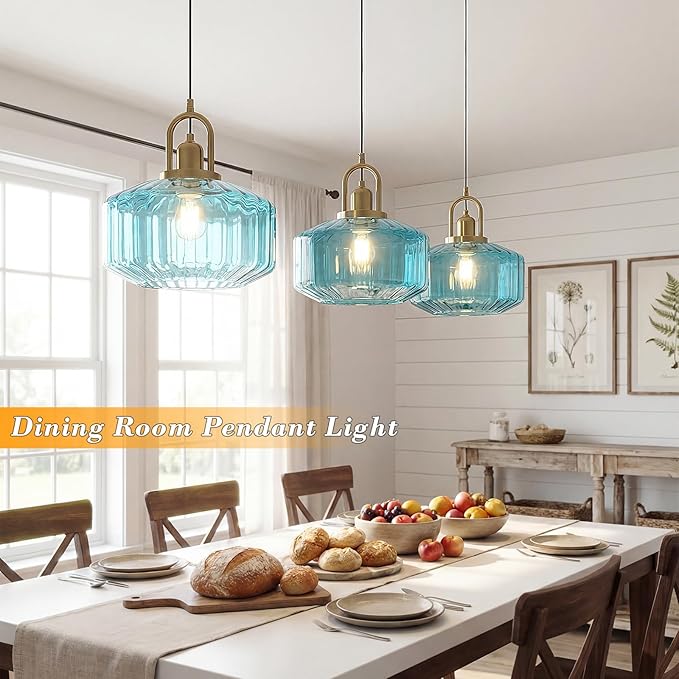 11.8in Mid Century Modern Blue Glass Pendant Light Fixture, Large Gold Kitchen Island Pendants Light Glass Ceiling Hanging Lamp for Foyer Dining Room Bedroom Entryway Hallway Over Sink