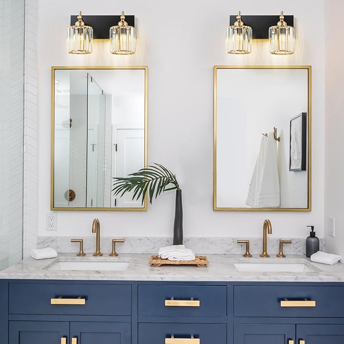 2-Light Crystal Bathroom Vanity Lights, Black Gold Modern Bathroom Light Fixtures Over Mirror Crystal Wall Lighting with Polished Gold Finish