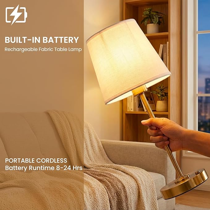Gold Portable Cordless Table Lamp, Rechargeable Bedside Lamp, Stepless Dimming Touch Control Nightstand Lamp, 2700K Warm Light, Vintage Desk Lamp for Living Room, Dining Table Decor (Tall)