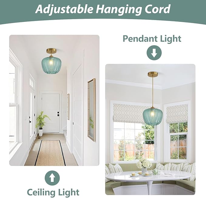 KCO Lighting Vintage Green Glass Pendant Light Gold Globe Pendant Lights Mid Century Modern Hanging Light Retro Pendant Light Fixtures