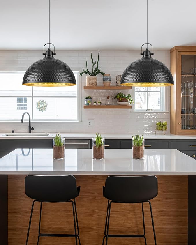 16 Inch Black Hammered Pendant Light 2 Pack, Vintage Pendant Lights Kitchen Island Adjustable Height, Large Dome Pendant Light Fixtures for Kitchen, Dining Room, Bedroom,Bar