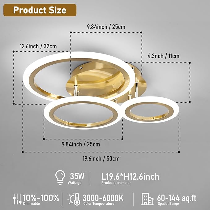 Dimmable Modern Led Ceiling Light 3 Rings 35W Dimming Circle Modern Living Room Light Fixture Gold Acrylic Flush Mount Ceiling Light with Remote for Bedroom Bathroom Kitchen Balcony Corridor