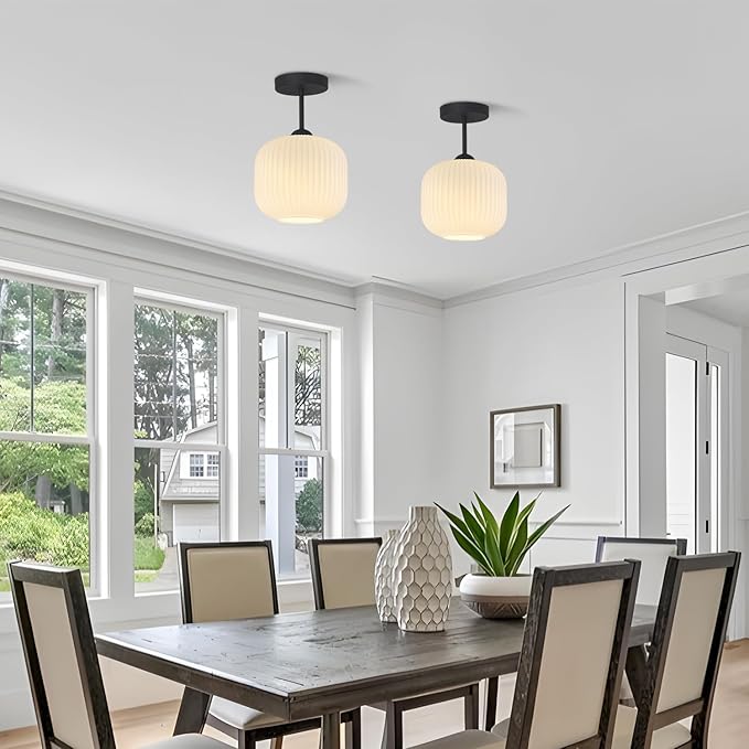 Small Milk Ribbed Glass Flush Mount Ceiling Light Nordic White Ceiling Lights Mid Century Modern Globe Semi Flush Mount Ceiling Light Fixture for Kitchen Hallway (2 Pack)
