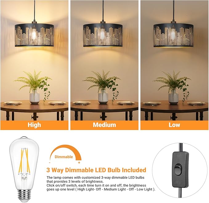 Qingmiao Plug in Pendant Light, Hanging Lamp Plug in with Metal Shade, 3-Way Dimmable Hanging Light Fixture for Living Room Bedroom Kitchen Ceiling Farmhouse Home Decor