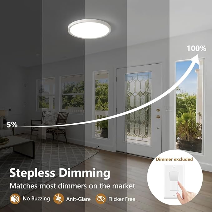 Dimmable 12Inch LED Flush Mount Ceiling Light, 24W, 2520LM, 2700K/3000K/4000K/5000K/6000K CCT Selectable,LED Round Flat Panel Light Dimmable from 5% to 100% for Bedroom,Kitchen,Hallway, White 6PK