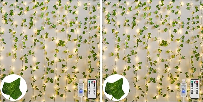 suddus Vines with Light for Bedroom, 200 LED Fairy Lights with Vines, Ivy Curtain Lights for Dorm, Wedding, Party, Wall, Indoor, Outdoor Decor, 6.5ft x 6.5ft（2 Pack