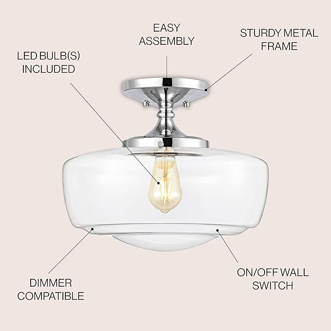JONATHAN Y 14" Chrome Modern Farmhouse LED Flush Mount Light Fixture, Clear Glass Shade, Rustic Industrial Schoolhouse Lamp for Kitchen Hallway Bedroom (JYL7517C)