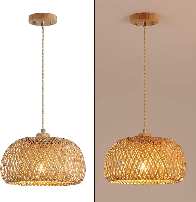 Bamboo Pendant Light Fixture One-Light Adjustable Boho Basket Handmade Woven Pendant Lighting for Kitchen Island Sink Farmhouse Dining Room