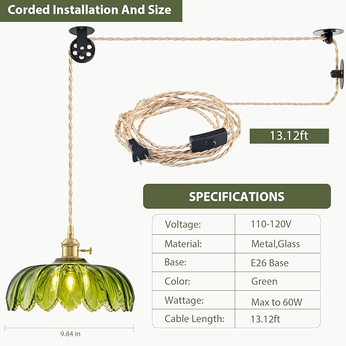 Plug in Pendant Light Fixtures, Hanging Light Fixture Glass Pendant Light, Vintage Green Hanging Lamp, Pendant Lighting for Kitchen Island, Bedroom, Dining Room, Living Room