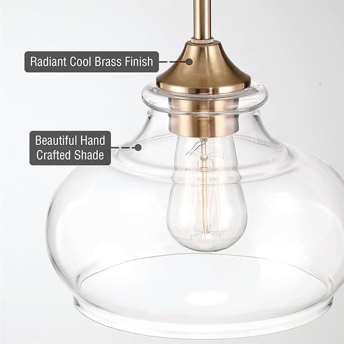 Kira Home Harlow 9" Modern Schoolhouse Pendant Light with Clear Glass Shade, Industrial Farmhouse Gold Hanging Light with Schoolhouse Glass, Cool Brass Finish