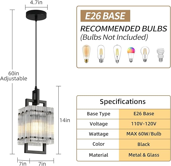 Modern Pendant Light Fixtures with Clear Glass Matte Black Pendant Lights Kitchen Island Adjustable Square Hanging Pendant Lighting for Dining Room Over Sink Hallway 1 Pack 12 inches