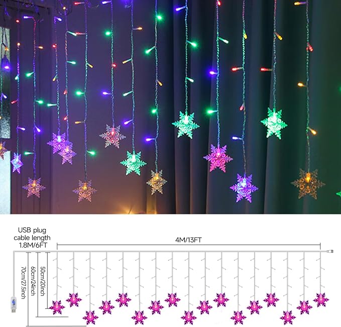 Snowflake Curtain Lights, 108 LED 13FT Multicolor Fairy Lights with Snowflake Pendants, USB Powered Remote, 8 Modes, Linkable x5, IPX4 Waterproof for Christmas, Party & Winter Decor