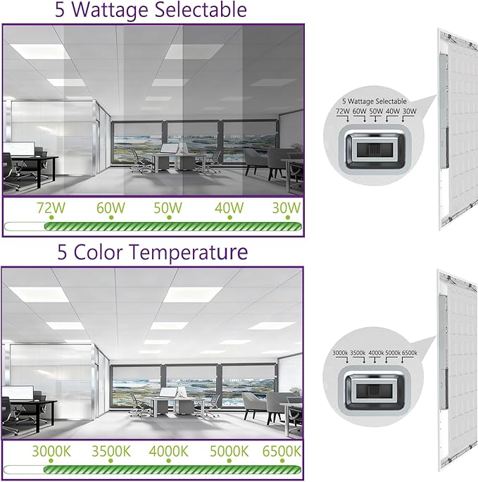 4 Pack 2X4 LED Flat Panel Light Drop Ceiling Office Fixture 5 CCT 3000K-6500K Adjustable & 5 Wattage 30W-40W-50W-60W-72W Selectable, 0-10V Dimmable,LED Troffer Flat Panel Light
