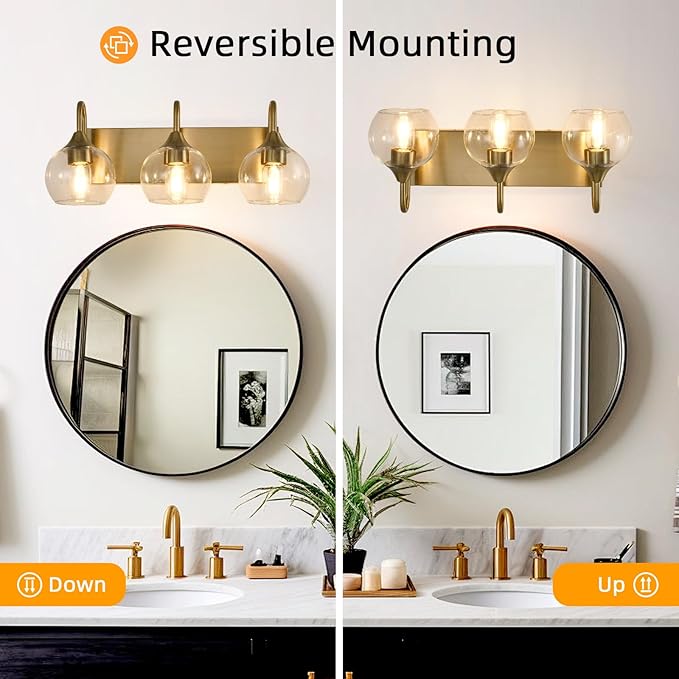 Bathroom Light Fixtures, 3-Light Brushed Gold Vanity Light Over Mirror, Modern Wall Sconces 21" with Clear Glass Globe Shade, Bathroom Wall Lights for Mirror Kitchen Bedroom Hallway
