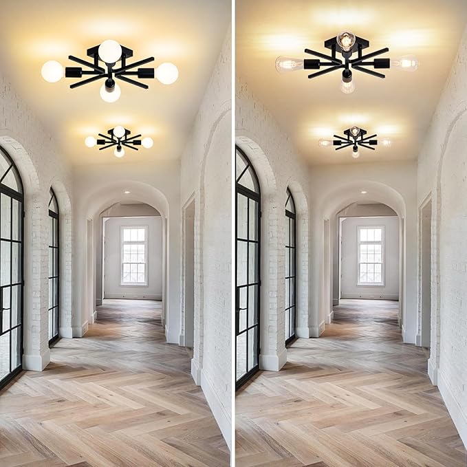 4-Light Sputnik Light Fixture Black Flush Mount Lights Industrial Semi Flush Lighting Fixtures Ceiling 19 inch Modern Farmhouse Ceiling Lights for Kitchen Bedroom Bathroom Foyer Hallway (E26) (2Pack)