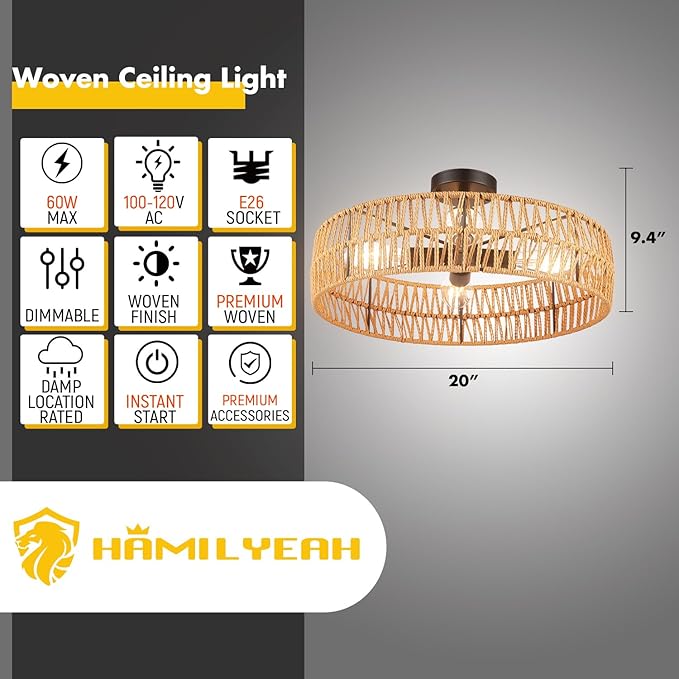 Hamilyeah 20 inch Boho Flush Mount Ceiling Light Fixture, Rattan Ceiling Light Fixture with 4 Light,Woven Light Fixtures Ceiling Mount for Living Room, Bedroom, Kitchen