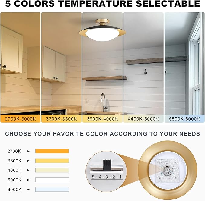 Dimmable Modern Semi Flush Mount Ceiling Light Fixture,Small Black and Gold LED Glass Shade Kitchen Ceiling Lights,5CCT In One Light Fxiture for Hallway Entryway Bedroom Laundry Room Foyer(15.75in)