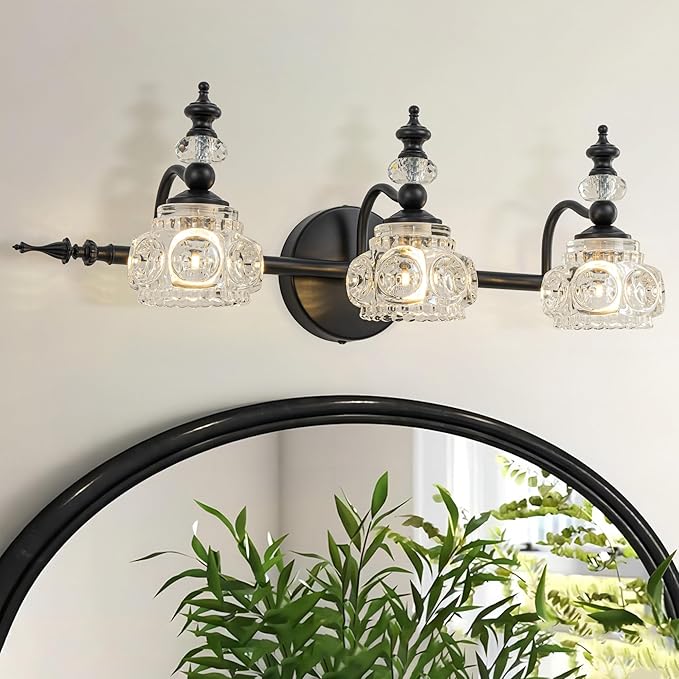 Bathroom Vanity Light Fixtures, Farmhouse Vintage Wall Sconce Lighting with Glass Shade, Bath Vintage Wall Mounted Lamps for Mirror (3 Lights,Matte Black,G9 Base)